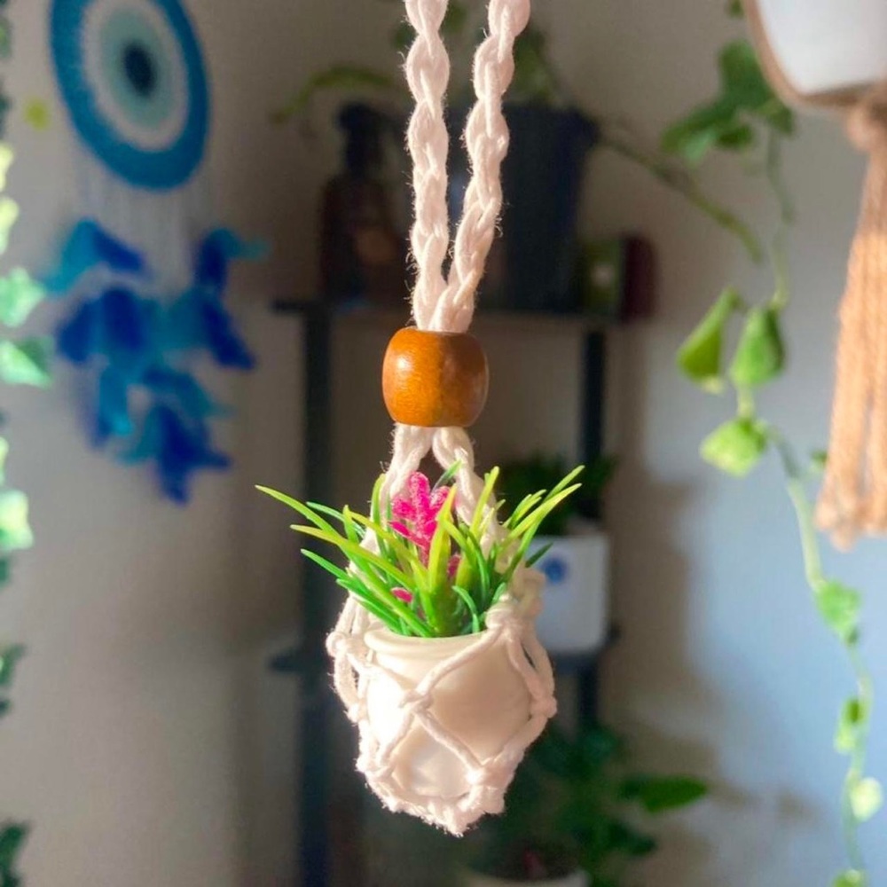Macrame pink floral green plant holder hanger mini fake plant choker necklace